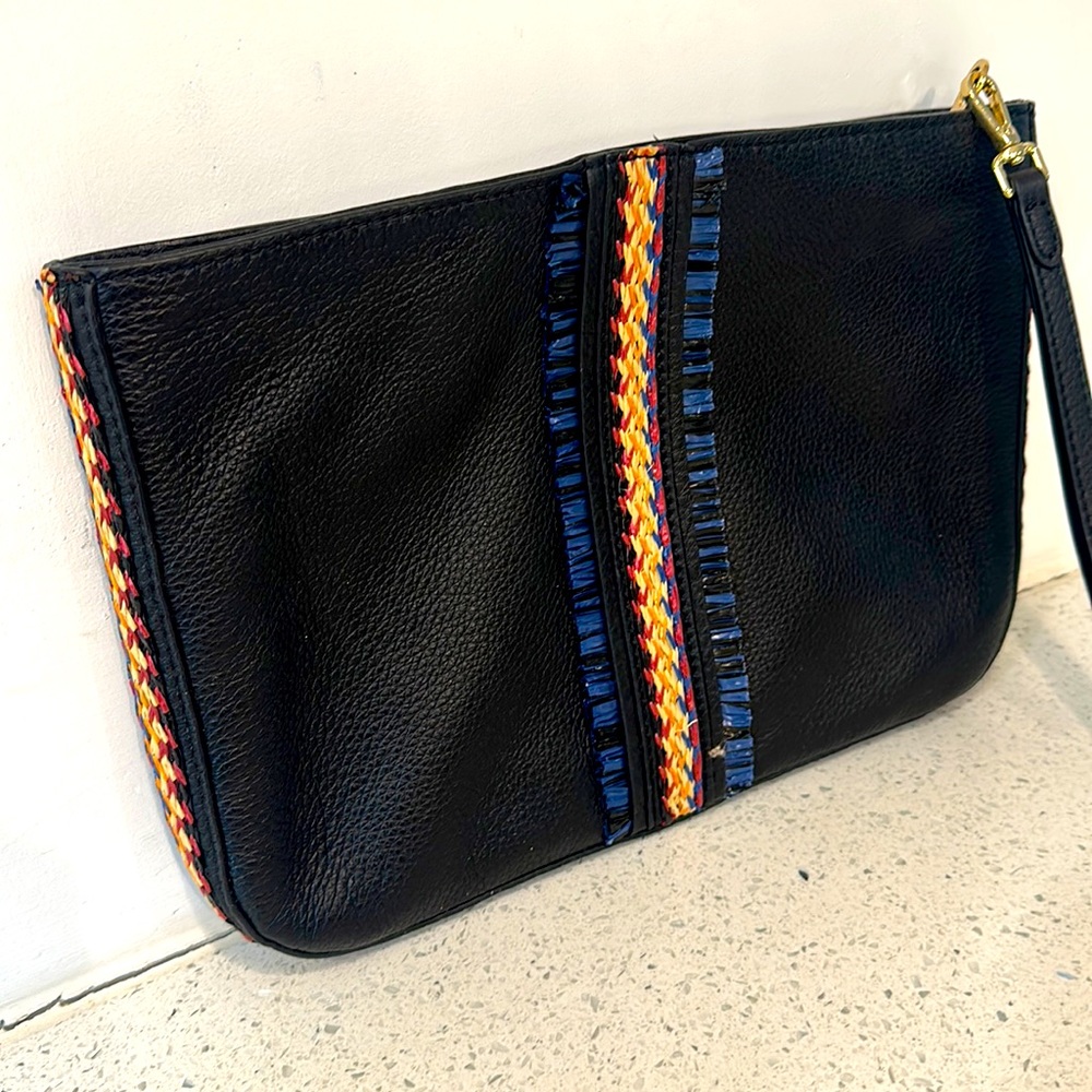 Vince Camuto black leather clutch, with colorful raffia detail, never used
